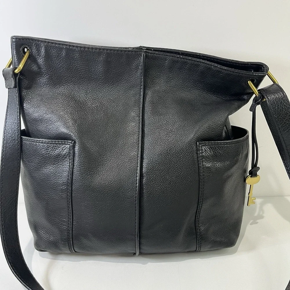 Fossil Lane North South Black‎ Pebbled Leather Hobo HandBag Purse Buttery Soft